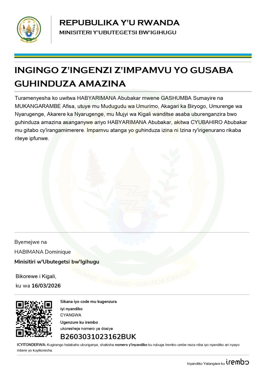 Itangazo ryo guhindura izina akitwa CYUBAHIRO Abubakar